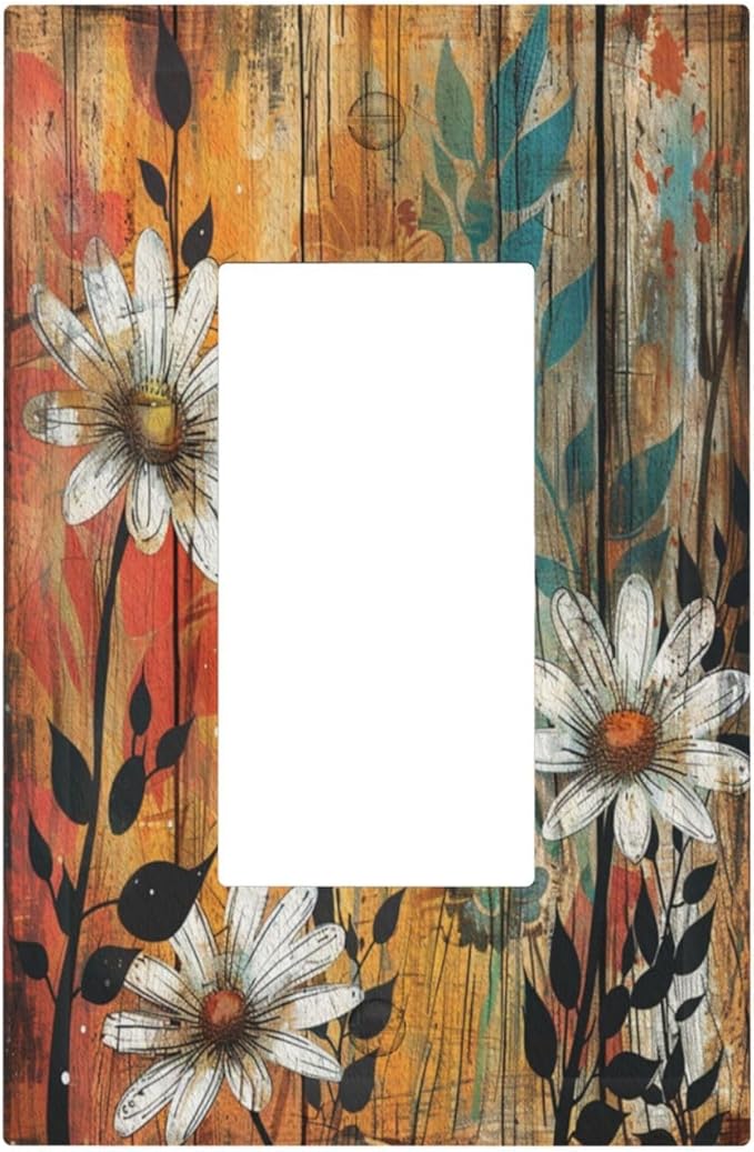Light Switch Cover Plate Vintage Wooden Daisies Butterflies Floral 1 Gang Outlet Covers Single Rocker Decorative Switch plates Electrical Wall Plates GFCI Receptacle for Bathroom Farmhouse