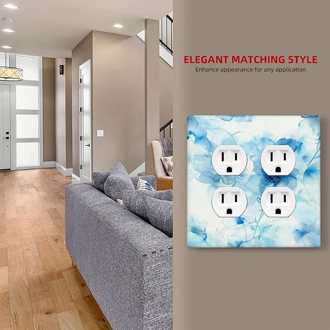 Watercolor Flower Blue White Large Floral Leaf Plants Outlet Covers 2 Gang Double Duplex Decorative Light Switch Covers Electrical Wallplates Socket Faceplate for Bedroom Living Room Decor