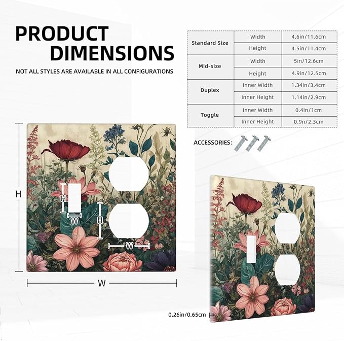 Decorative Outlet Covers Rustic Wildflower Red Floral Green Plant 2 Gang Wall Plate Cover Single Toggle Duplex Combo Two Switch Light Switch Cover Plate Jumbo Dual Face Plate