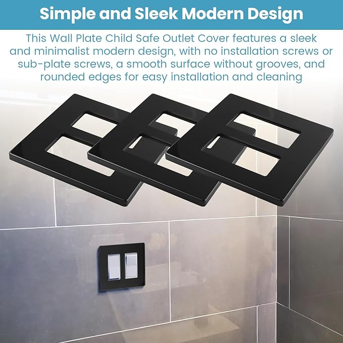 Matte Black 2-Gang Screwless Decorative Wall Plates, Wall Plate Child Safe Outlet Cover, Unbreakable Polycarbonate Thermoplastic for Leviton 80309-SE, Screw Smooth Face Switch Plates, 3-Pack