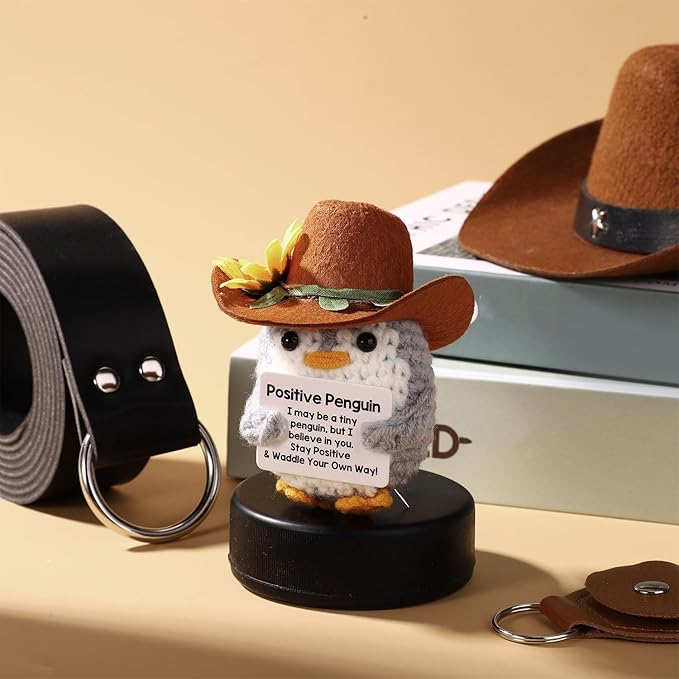 TOYMIS Sunflower Crochet with Cowboy Hat Emotional Doll Support Crocheted Knitted Animal for Inspirational Motivational Gift Home Office Decor White Elephant Exchange