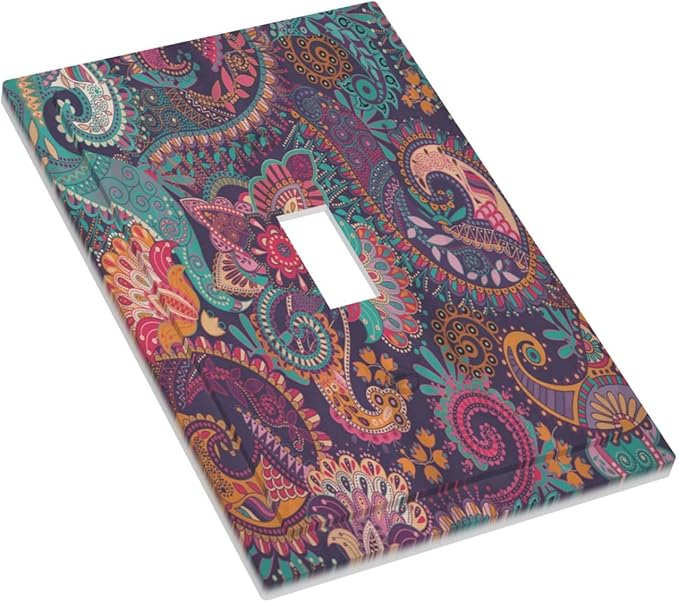 Mandala Boho Paisley Purple Floral Colorful Flower Decorative Light Switch Cover 1 Gang Single Toggle Device Electrical Faceplate Switchplates Decorator Outlet Wall Plate for Home Bedroom Decor