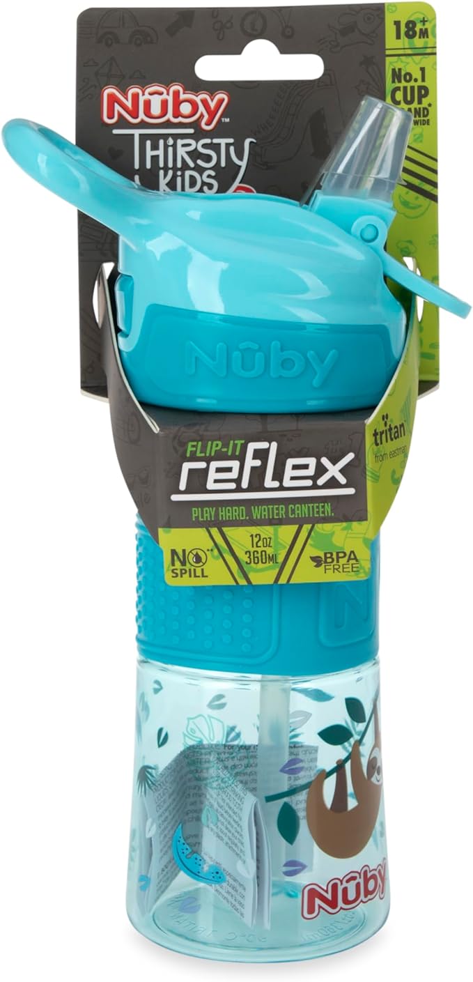 Nuby Thirsty Kids Push Button Flip-it Soft Spout on The Go Water Bottle with Easy Grip Band, 12oz, Sloth