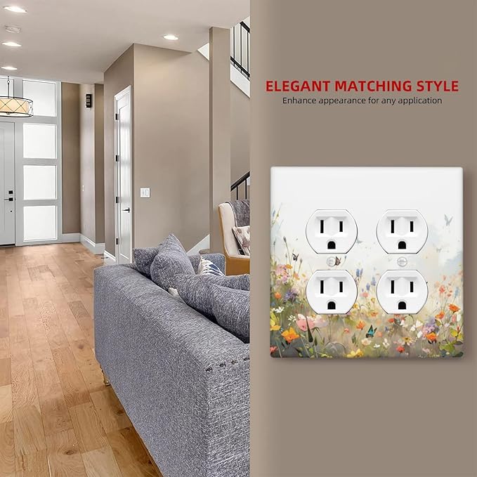 Wildflowers Watercolor Floral Colorful Butterfly Outlet Covers 2 Gang Double Duplex Decorative Light Switch Covers Electrical Wallplates Socket Faceplate for Farmhouse Bed Room Decor