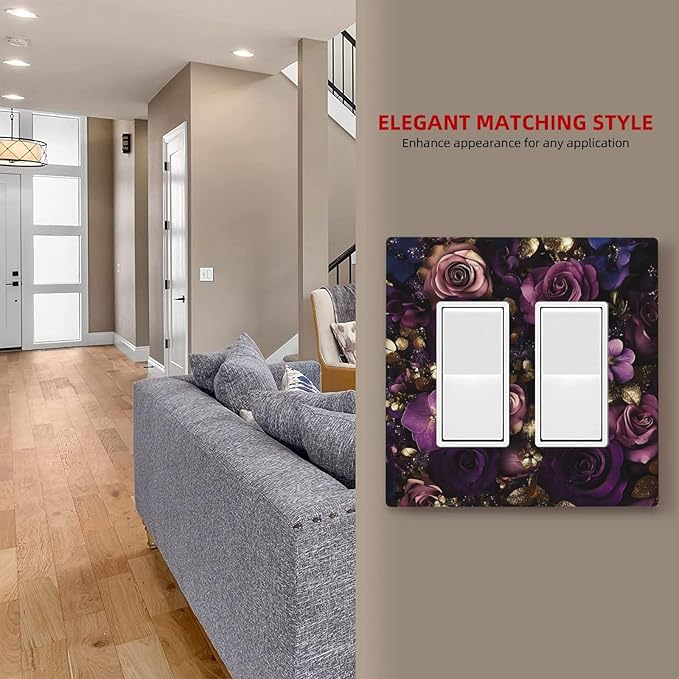 Decorative Outlet Covers with Luxurious Purple Roses Gold Accents Leaves Design 2 Gang Wall Plate Double Rocker Light Switch Cover Switch Plate Cover for Romantic Bedroom/Living Room Decor