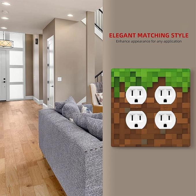 Pixel Style Gamer Themed Grass Block Outlet Covers 2 Gang Double Duplex Decorative Light Switch Covers Electrical Wallplates Socket Faceplate for Kids Room Office Home Decor
