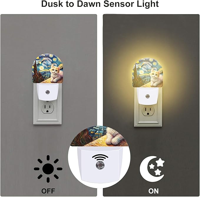 Starry Night and Cute Cat Night Light for Kids, Abstract Oil Painting Plug in Night Light with Dusk to Dawn Sensor, 0.5w Energy Saving Nightlight for Hallway Stairway Kitchen Bedroom