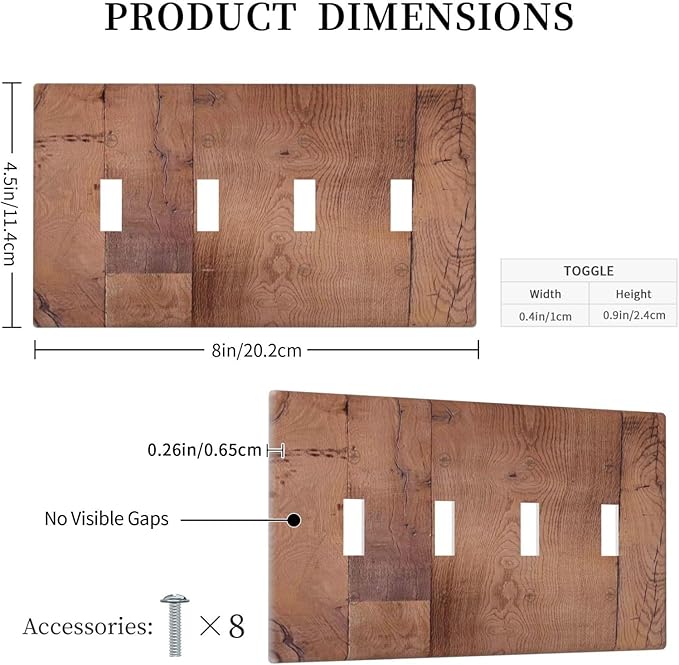 Rustic Brown Dark Wood Texture Printing Light Switch Covers Quad Toggle Electrical Faceplate 4 Gang Wall Plate Decorative Switch Plates For Farmhouse Cabin Decor