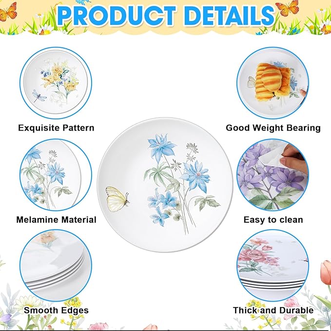 Naozinebi 4 Pcs 10 Inch Spring Theme Flower Plates Melamine Floral Dinnerware Set Reusable Melamine Spring Floral Baby Shower Plate Dishwasher Creatively Drop Resistant Cute Plastic Dish