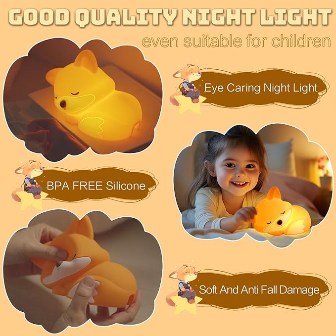 YR YRHH-PET Cute Fox Lamp, Fox Night Light for Kids, Squishy Rechargeable Dimmable Toy, Baby Nursrery Nightlight, Woodland Animal Décor, Xmas White Elephant Gifts, Touch Light Up Foxes, Safe Silicone