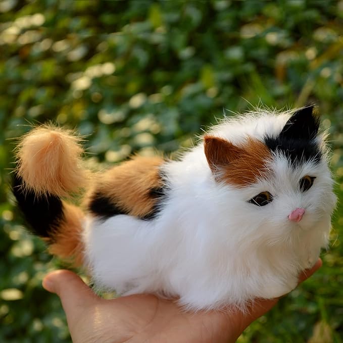 Realistic Baby Calico Cat Figurine - Lifelike Furry Kitten Statue, Plush Kitty Stuffed Animal Toy, Home Office Car Decor, Collectible Gift, Photo Prop