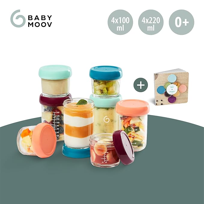 Babymoov Baby Glass Food Jars, Set of 8 (4 x 4oz + 4 x 8oz), BPA-Free Borosilicate Glass Storage Containers, Leakproof Lids, Microwave, Freezer & Dishwasher Safe, Baby Registry Essential