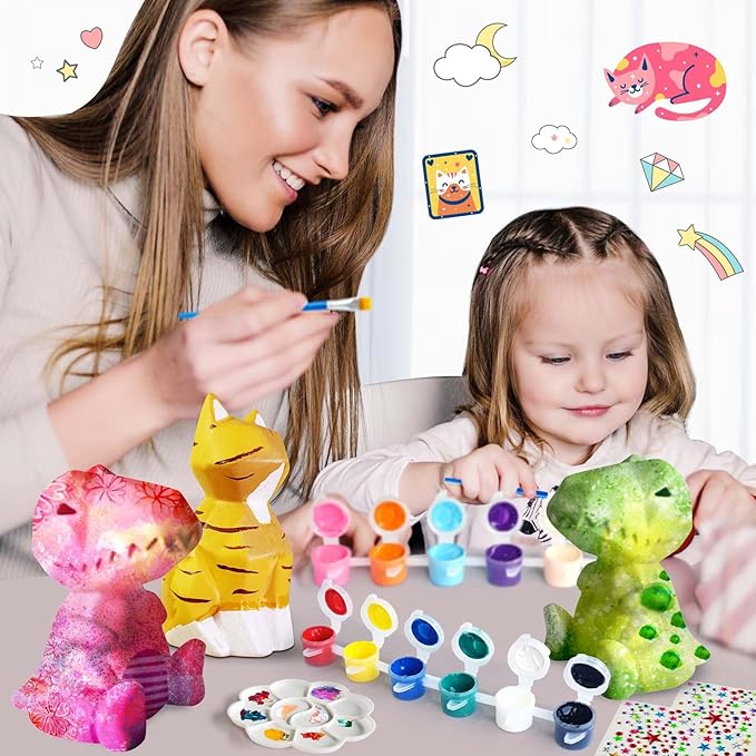 Goody King Paint Your Own Cat & Dinosaur Lamp Kit, 3PCS DIY Night Light, Arts & Crafts for Kids Ages 8-12, Art Supplies Painting Kit for Kids 6-12, Art Supplies Craft Birthday Gifts for Kids Ages 3+