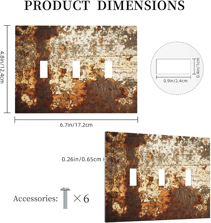 Decorative Switch Plates Vintage Metal Rust Texture Peeling Paint 3 Gang Wall Plate Triple Toggle Light Switch Cover Faceplate Electrical Wall Panels For Farmhouse Cabin Decor