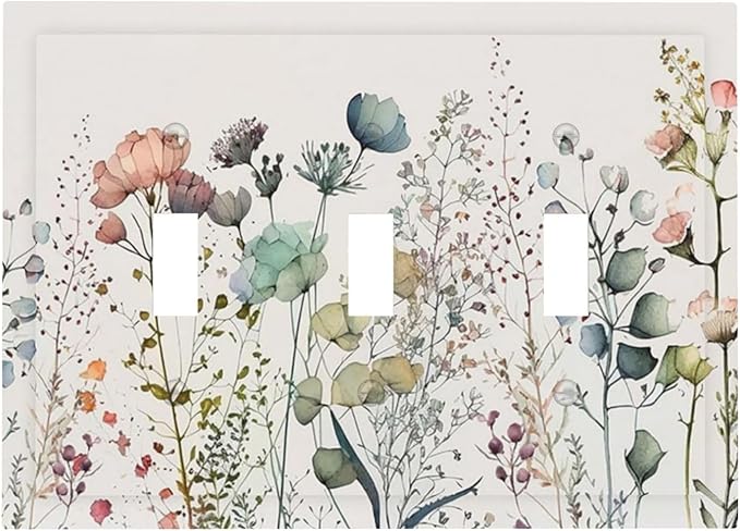 Spring Garden WildFlower Blossom Triple Toggle Device Switch Wall Plate 3-Gang Light Switch Cover Tan/Beige Flower Boho Floral Bontay Sage Herb Decorative Decorator Wallplate Switchplate Room Decorate