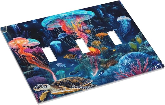 Jellyfish Sea Turtle Fantasy Ocean Coral Underwater World Decorative Switch Plates 3 Gang Wall Plate Triple Toggle Light Switch Cover Faceplate Electrical Wall Panels for Nursery Kids Room Decor