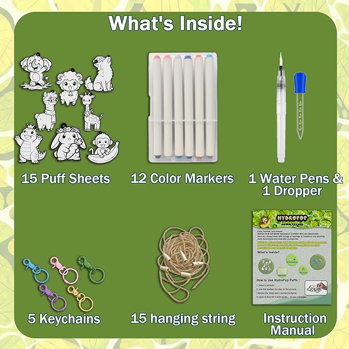 WurLoo Aqua Puffs 3D Art Kit Animals, Magic Foam Texture Painting Kit, Mess-Free Craft for Kids, DIY Color & Inflate Activity, Travel Toys & Creative Gifts for Girls and Boys Ages 4, 5, 6, 7, 8, 9, 10