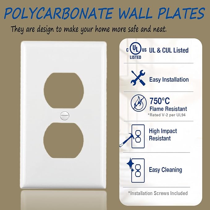 Outlet Covers Wall Plates -Duplex Outlet Covers, 1-Gang Standard Size Wall Plate for Outlets, Duplex Receptacle Wall Plate,Unbreakable Polycarbonate Thermoplastic,UL Listed (12-Pack,White)
