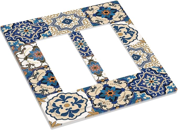 Decorative Outlet Covers Mandala Decorative Tile Talavera Moroccan Tiles 2 Gang Double GFCI Rocker Electrical Wall Panels Light Switch Cover Plate for Bedroom living Room Decor