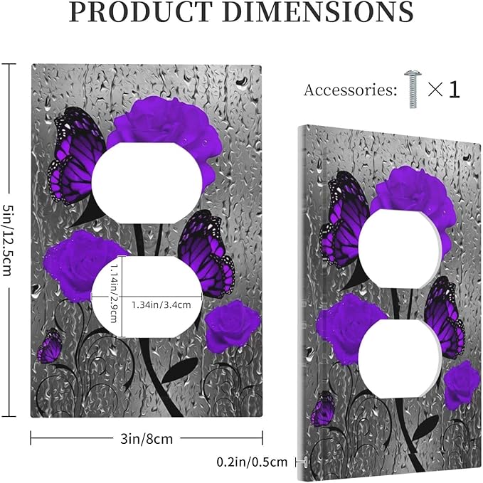 Purple Rose Butterfly Flower 1 Gang Electrical Outlet Cover Single Duplex Receptacle Jumbo Plug Wall Plate Lovers/Valentine's Day Sliver Grey Butterfly Purple Floral Room Decor Accessories Faceplate