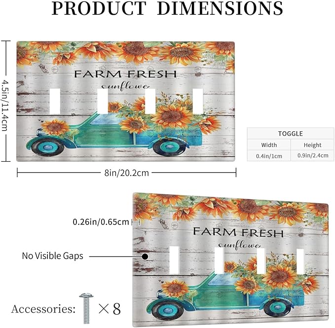 Decorative Switch Plate Covers Teal Farm Truck Pulling Sunflowers 4 Gang Wall Plate Light Switch Cover Plate Quad Toggle Jumbo Electrical Faceplate for Farmhouse Bathroom Bedroom Home Decor