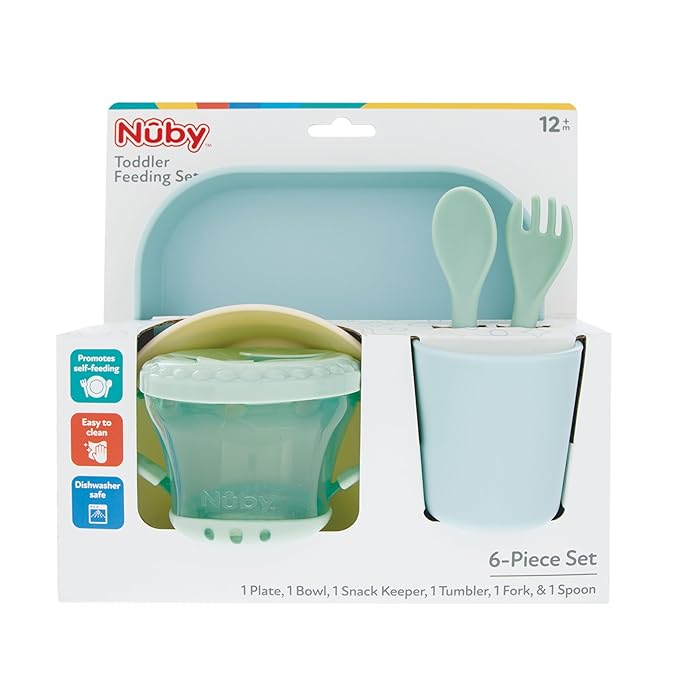 Nuby Toddler Feeding Set - 6-Piece Self-Feeding Dinnerware Set for Kids - Easy-to-Hold Training Toddler Utensils - 12+ Months