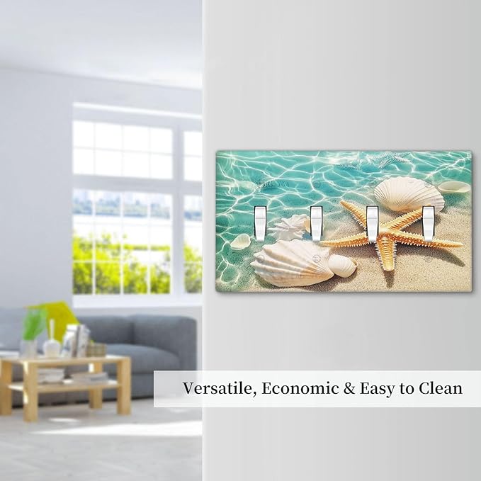 Light Switch Covers Sea Shells And Star Fish In Ocean Beach Quad Toggle Electrical Faceplate 4 Gang Wall Plate Decorative Switch Plates For Bathroom Home Decor