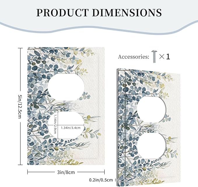 Decorative Outlet Covers with Green & Blue Watercolor Eucalyptus Botanical Foliage Design 1 Gang Duplex Light Switch Cover Plate Unique Wall Plates Switchplate Cover for Living Room Decor