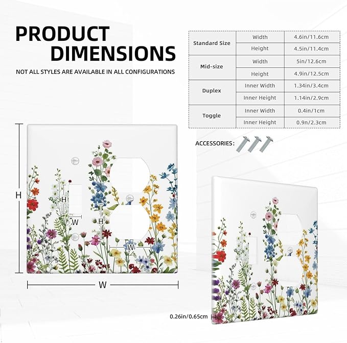 Outlet Covers Colorful Wildflowers Plants Floral 2 Gang Combination 1 Toggle/1 Duplex Light Switch Cover Decorative Gfci Wall Plate Electrical Receptacle Switchplate Faceplate Kitchen Decor