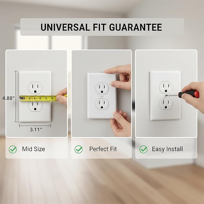 Bates- Duplex Wall Plate, 4.88" x 3.11"/Mid Size, 12 Pack, White, Electrical Outlet Cover Plates, Wall Outlet Cover
