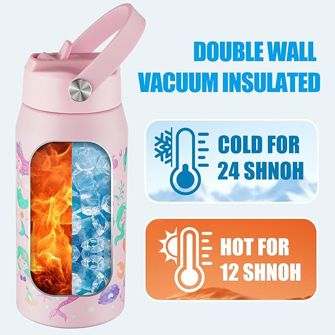 OLDLEY kids Water Bottle - 18oz Insulated Stainless Steel - Wide Straw Lid, Non Spill, Leakproof, Kids Water Bottle for School,Mermaid