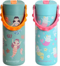 Elemental 100% Leak Proof When Spout is Closed Insulated Kids Water Bottle, Stainless Steel Bottle for School with Straw Lid & Pop-It Handle, Meowmaid & Mermaid Sisters -18oz (2 Pack)