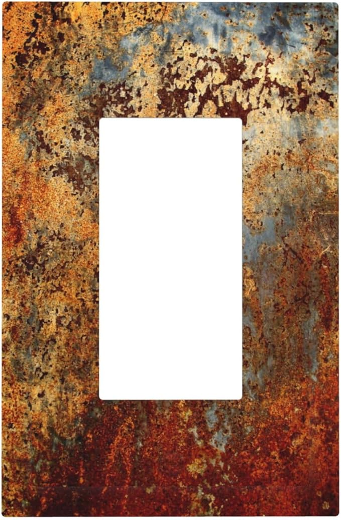 1 Gang Single GFCI/Decorator Rocker Outlet Light Switch Wall Plate Cover Shabby Old Aged Rust Rusty Tumbled Antique Brass Patina Copper Metal Print Decorative One Device Electrical Faceplate Dimmer
