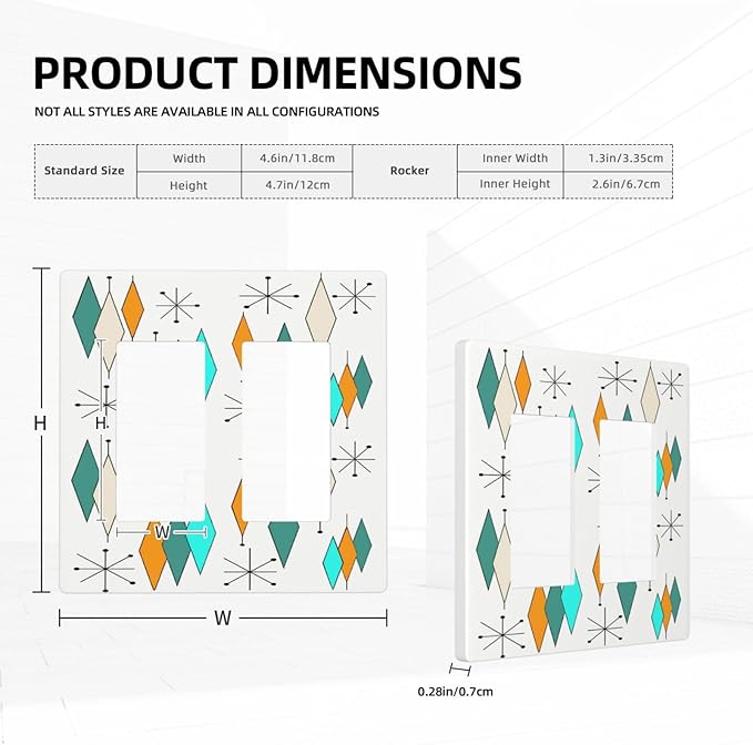 Teal/Blue/Green/Orange Abstract Diamond Atomic Art 2 Gang Double Decorator GFCI/Rocker Wall Plate Modern Mid Century Geometry Electrical Outlet Decorative Receptacle Cover Light Switch for Dimmer, USB