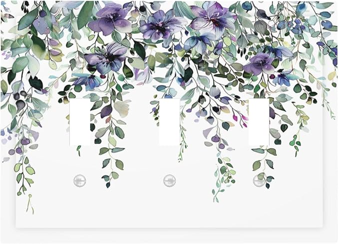 Light Switch Cover Plate Blue Purple Eucalyptus Leaves Boho Botanical 3 Gang Triple Toggle Decorative Switch Plates Wall Plates Electrical Switchplate Faceplate for Bathroom Home Decor