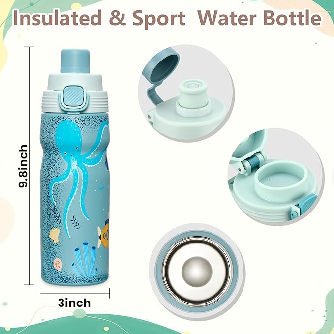 PIQUEBAR Kids insulated Water Bottle 17oz & Sport Water Bottle 24oz Set, Stainless Steel Metal Vacuum Water Bottles, Leakproof Tritan Sport Water Bottles for School Boys Girls,Blue Sea