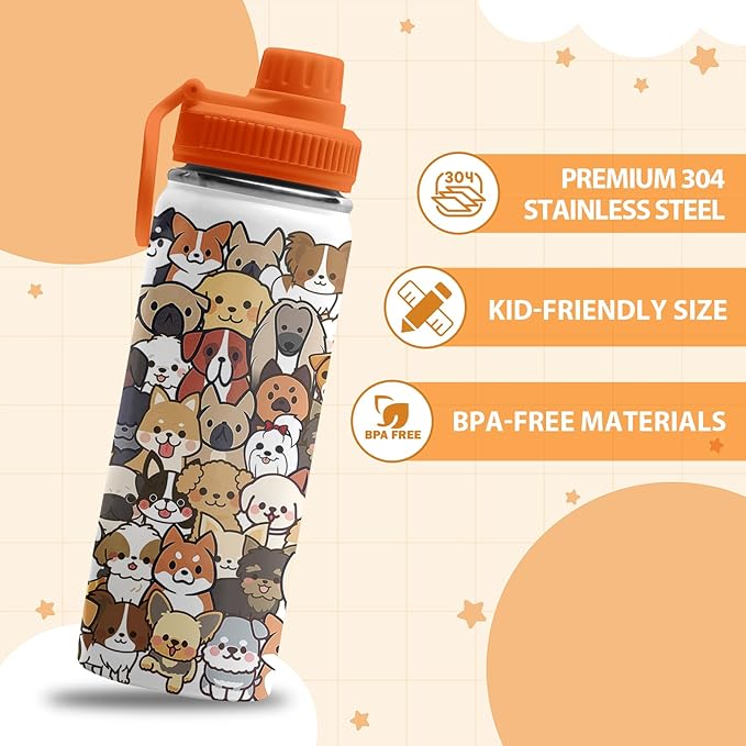 Dogs Gifts for Dog Lovers, 18 oz Stainless Steel Water Bottles with 2 Lids, Insulated Water Bottle with Straw, Dogs Cups for Travel Sports Outdoor, Birthday Christmas Gifts for Boys Girls
