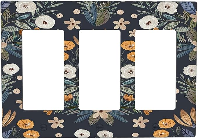 Boho Leaf Floral Navy Blue Background 3 Gang Rocker Light Switch Covers Triple Outlet Wall Plate Decorative Switchplate Cover Faceplate GFCI for Farmhouse Country Bedroom Decor