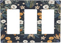 Boho Leaf Floral Navy Blue Background 3 Gang Rocker Light Switch Covers Triple Outlet Wall Plate Decorative Switchplate Cover Faceplate GFCI for Farmhouse Country Bedroom Decor