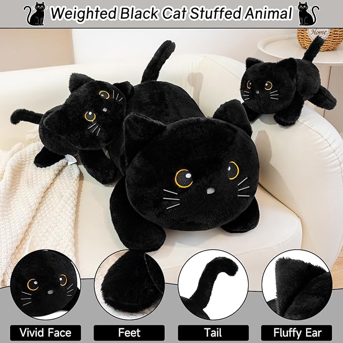 SQEQE Weighted Stuffed Animals Black Cat, Weighted Black Cat Plush, Plushies for Cozy Comfort, Soft Black Cat Pillow Toy for Kids Adults, Christmas & Valentines Gift 23.6 Inch 3.8 Lbs