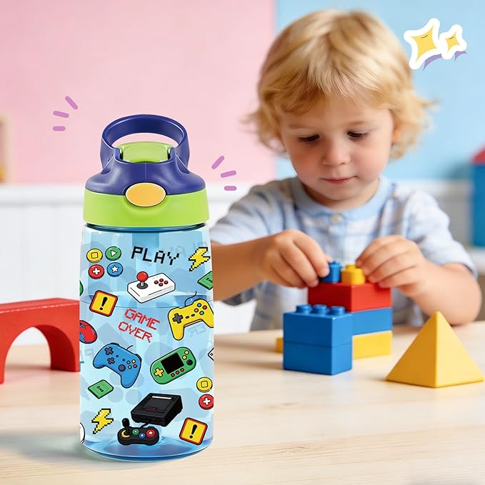 14oz Gamer Kids Water Bottle with Straw Lid - Cool Games Water Bottles for Kids, Leakproof, Lightweight, Durable Plastic Bottles for School, Pop-Up Straw Cover, Gift Cup for Girls Boys(Gamer)