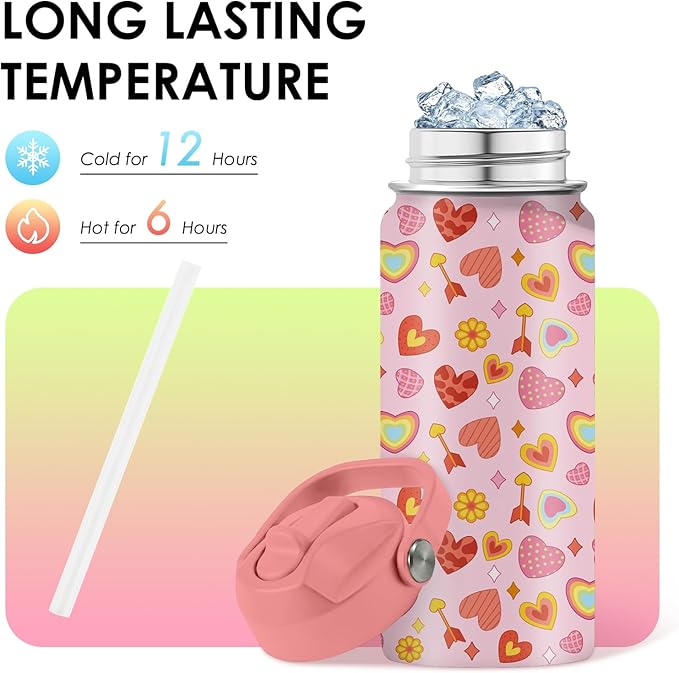 Heart Gifts for Kids - 16 Oz Kids Water Bottle with Straw Lid, Stainless Steel Insulated Tumbler, Leak Proof, BPA-Free, for Girls, School, Travel - Heart Pattern Children Birthday Gifts Cups(1pc)