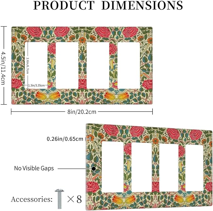 William Morris Roses Floral 4 Gang Light Switch Cover VintageTulip Flower Plant Bird Quad Rocker Outlet Covers Switchplates Decorative Electrical Wall Plate for Bedroom Home Décor
