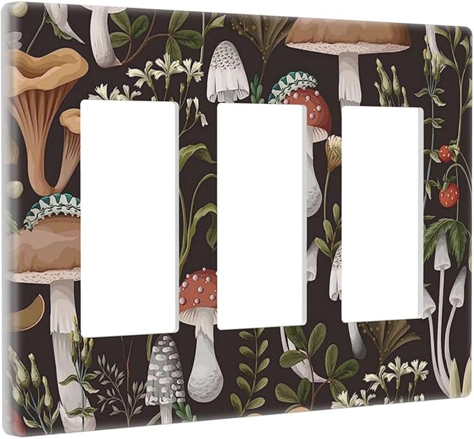 Vintage Boho Hippie Plant Mushroom 3 Gang Triple Rocker/Decora Light Switch Wall Plate Cover Decorative Electrical Faceplate Switchplate for Bathroom Living Room Decor