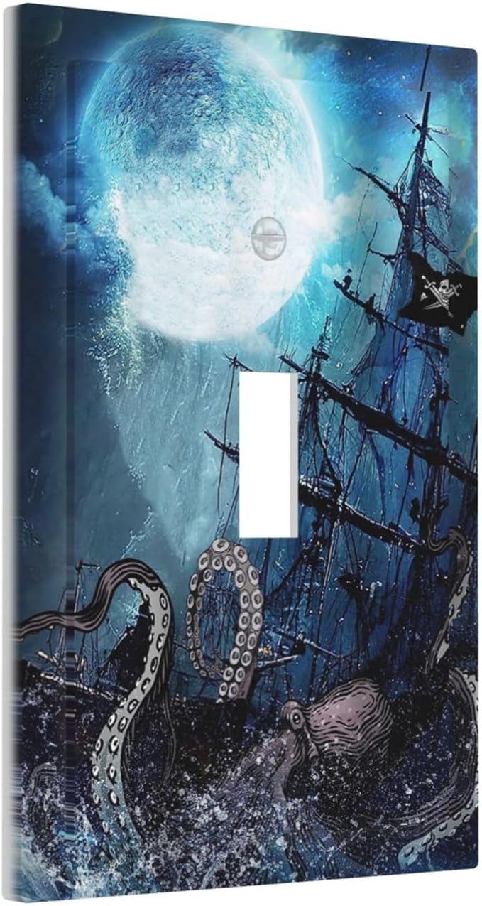 Moon Ocean Nautical Octopus 1 Gang Light Switch Plate Decorative Single Toggle Wall Plate Cover Electrical Switchplate Faceplate for Bedroom Room Decorate Jumbo