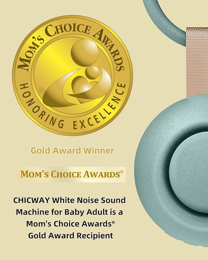 CHICWAY 2026 Mom's Choice Awards, Portable Sound Machine for Baby Adult, AI Cry Detection, 18 Soothing Sound, Bluetooth Rechargeable White Noise Machine for Home Office Travel, Nursery Light, Cyan