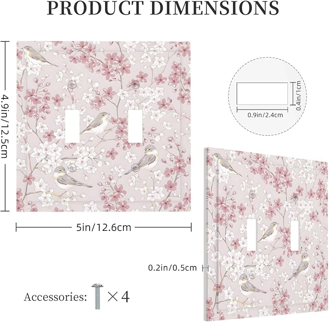 Pink Sakura Cherry Blossom Vintage Bird Floral Flower Decorative Switch Plates 2 Gang Double Toggle Outlet Light Switch Cover Wall Plate Electrical Faceplate for Bedroom Living Room Decor