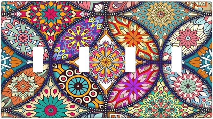 Boho Floral Pretty Colorful Mandala Flowers Light Switch Covers Quad Toggle Electrical Faceplate 4 Gang Wall Plate Decorative Switch Plates for Bedroom Living Room Decor