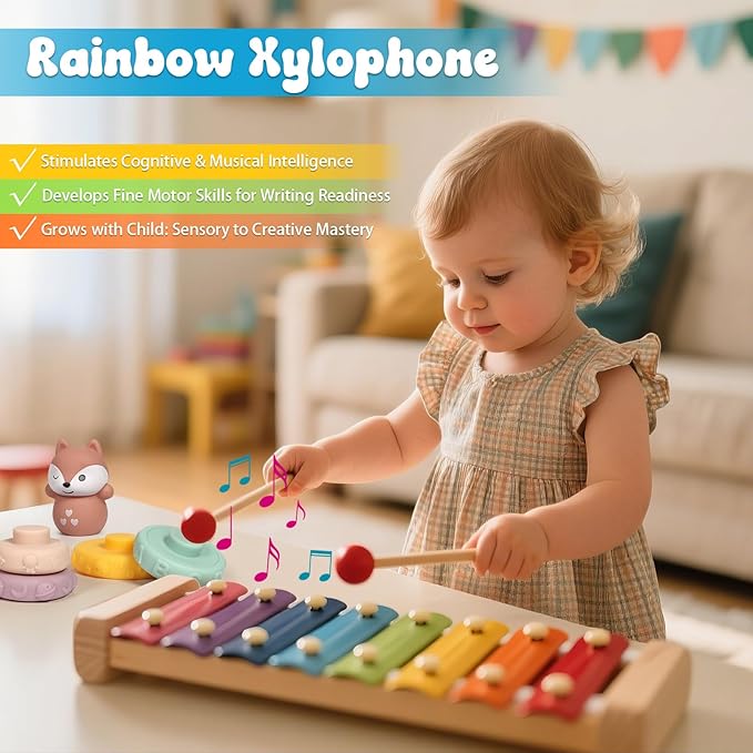 LearnToy Baby Toys 18-36 Months, Montessori 7-in-1 Activity Set - Stacking Blocks, Infant Teething Toy & Sensory Bin, Baby Boys & Girls Gifts