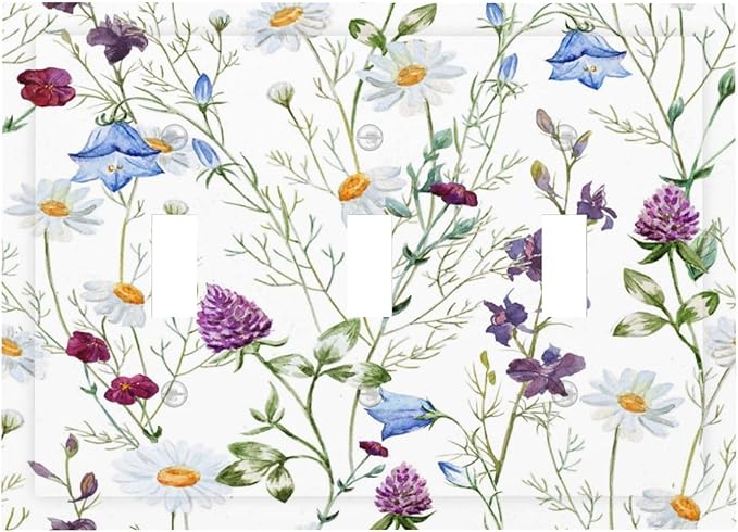 Floral Boho Multicolor Flower Plant Leaves Decorative Switch Plates 3 Gang Wall Plate Triple Toggle Light Switch Cover Faceplate Electrical Wall Panels for Bedroom Living Room Decor